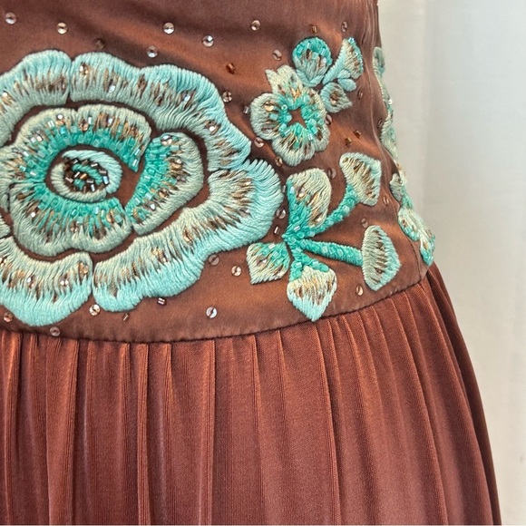 BCBGMAXAZRIA bronze brown teal embroidered beaded flower halter dress - Picture 11 of 16